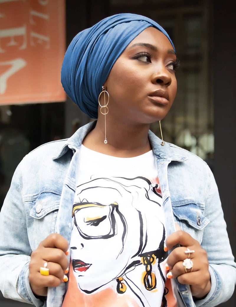 Harewom Headscarf for Black Women Fashion Long Stretch Jersey Turban Hair Wrap for Muslim Locks Headbands Steel Blue - Image 4